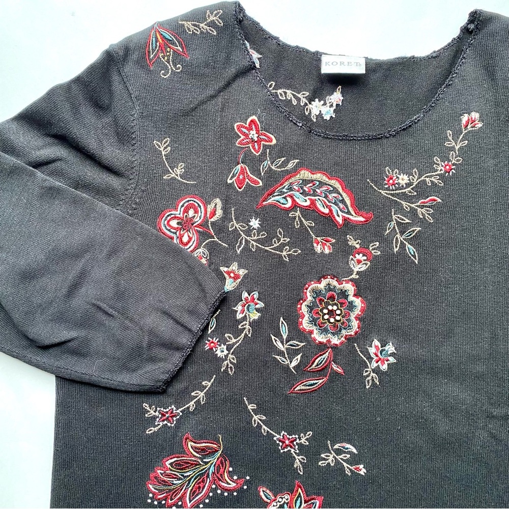 Koret Embroidered Long Sleeve Top - Black with Red and Cream Embroidered Details